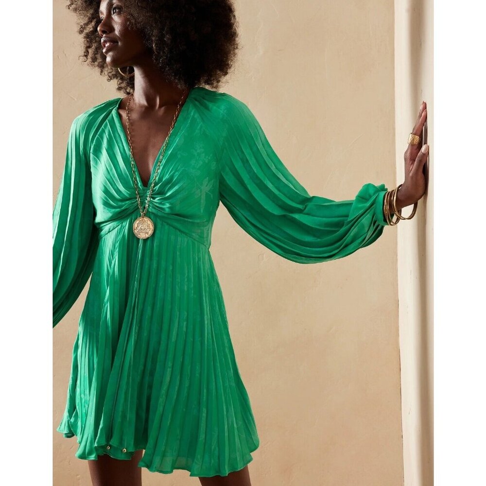 NWT! Banana Republic Cabana Green Satin Radiant Pleated Mini Party Dress 4